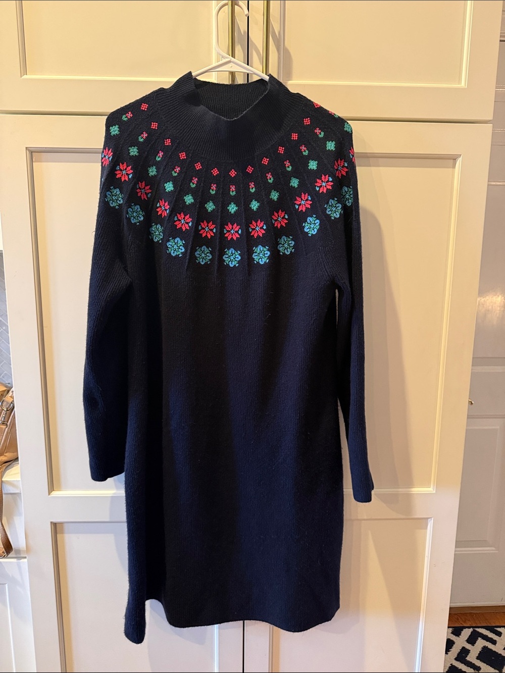 Talbots Navy Knit Long-Sleeve Dress with Pink & Teal Floral Yoke